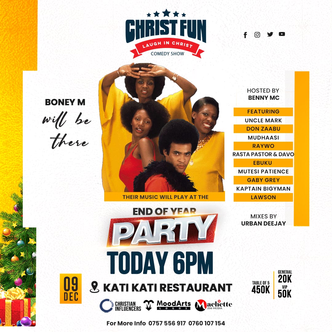 Machette256's tweet photo. You can't miss there songs on a Live Band Experience at #ChristFunComedy 🎄🎅🔔 EndOfYearParty  today Live at KatiKati Restaurant , lugogo bypass
Powered by @ChristFun 
#LaughInChrist https://t.co/CHuYWtiVRK