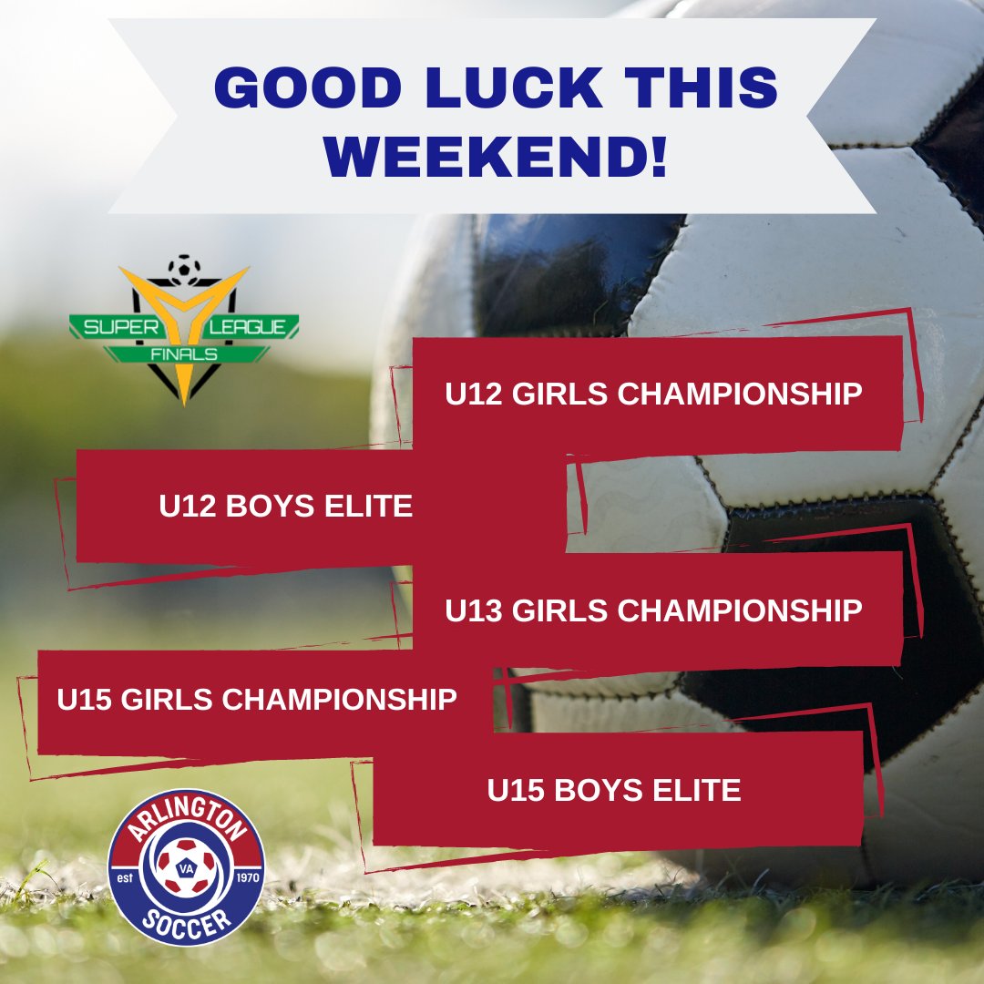 Good luck to our 5⃣ teams competing in the @superyleague finals this weekend in Tampa!  

U12 Girls Championship
U12 Boys Elite
U13 Girls Championship
U15 Girls Championship
U15 Boys Elite

Schedule &amp; more info: sylsoccer.com/finals

#TeamArlington