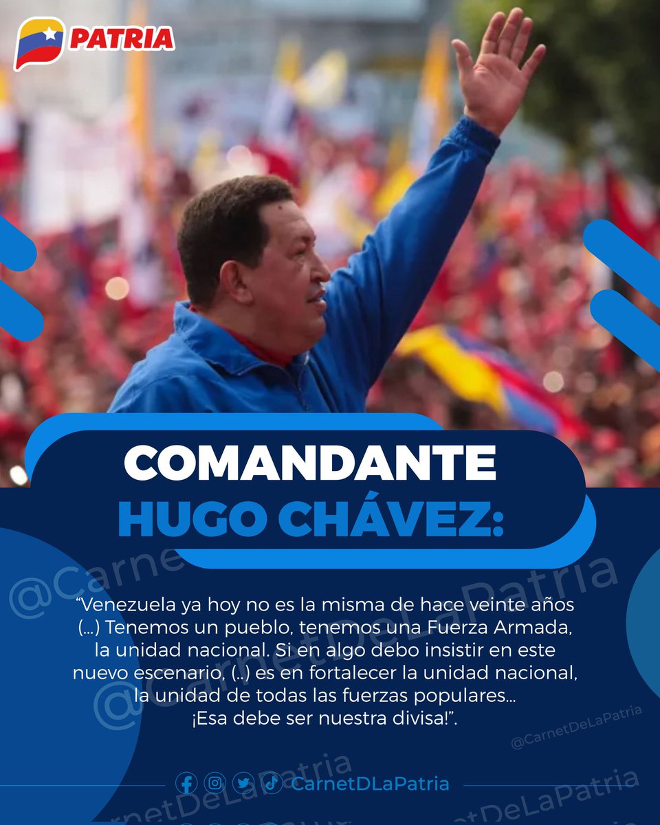 El Pueblo revolucionario, hoy más que nunca, se mantiene firme y leal.
..."Venezuela ya no es la misma de hace 20 años"... ¡Somos una sola fuerza, somos Chávez!
Su proclama está viva y no le vamos a fallar.

#SistemaPatria #LealtadAbsoluta #8Dic