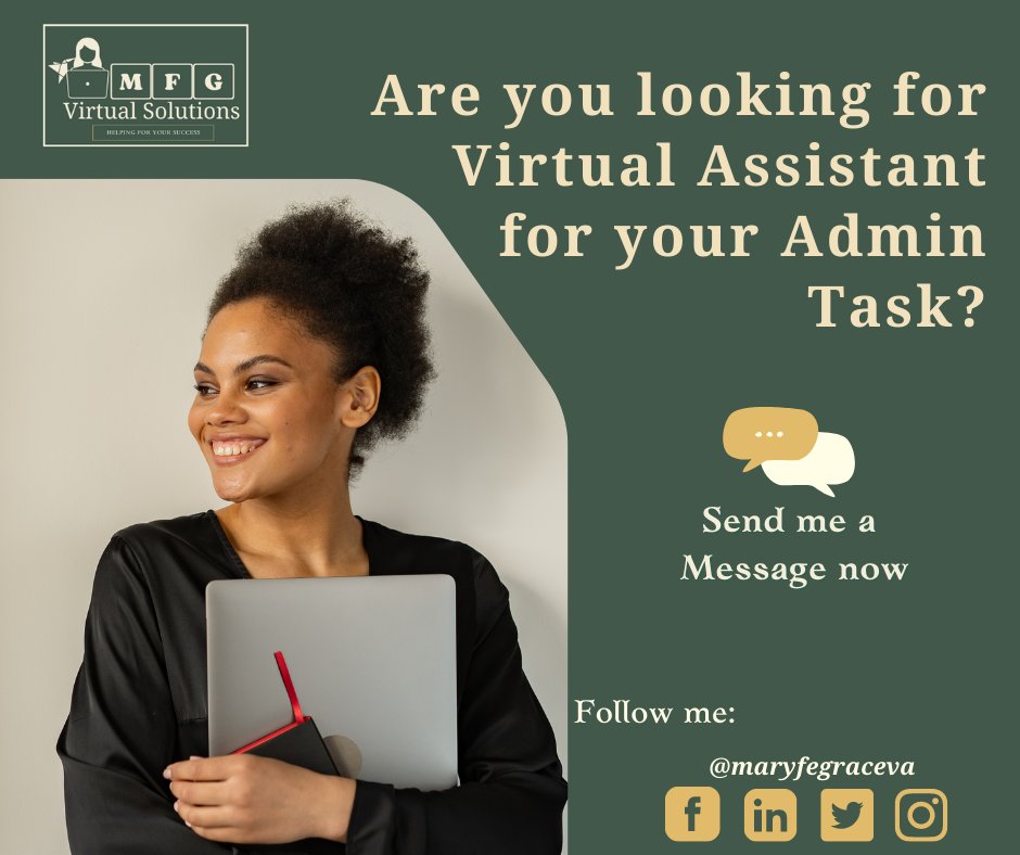 maryfegraceva's tweet image. Are you looking for Virtual Assistant for your Admin Task?
#VAhelpingclient
#VirtualAssistant
#Admintask
#Scheduling
#VAjobdescription
#MFGDataentry
#MFGScheduling
#MFGhelpingclient
#MFGtravelmanagement
#MFGVirtualSolutions