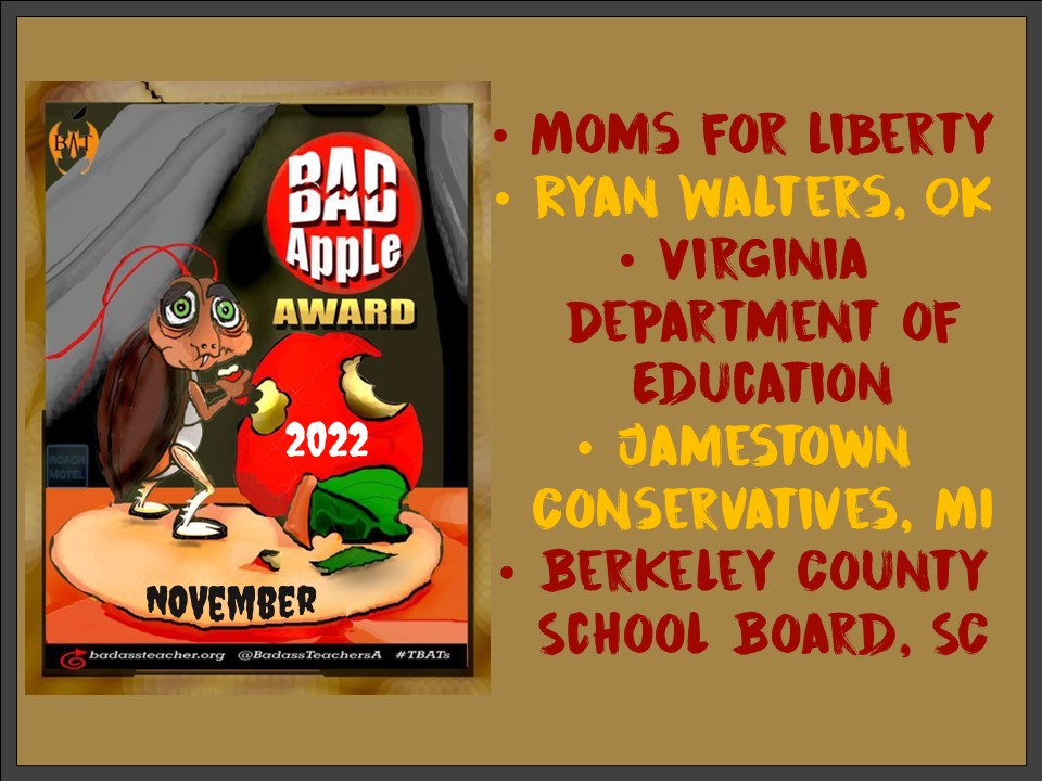 OklahomaBATs (@oklahomabats) on Twitter photo November's Bad Apples in Education. See why here: facebook.com/BadassTeachers… #TBATs .<a href="/TxBats/">Texas Bats</a> .<a href="/NebraskaBATs/">NebraskaBATs</a> .<a href="/Nodakbats/">NoDakBats</a> .<a href="/SoDakotaBATs/">SouthDakotaBATs</a> .<a href="/kansasbats/">Kansas BATs</a> .<a href="/WyomingBATs/">WyomingBATs</a> .<a href="/MontanaBATs/">Montana</a> .<a href="/IdahoBATs/">IdahoBATs</a> November's Bad Apples in Education. See why here: facebook.com/BadassTeachers… #TBATs .<a href="/TxBats/">Texas Bats</a> .<a href="/NebraskaBATs/">NebraskaBATs</a> .<a href="/Nodakbats/">NoDakBats</a> .<a href="/SoDakotaBATs/">SouthDakotaBATs</a> .<a href="/kansasbats/">Kansas BATs</a> .<a href="/WyomingBATs/">WyomingBATs</a> .<a href="/MontanaBATs/">Montana</a> .<a href="/IdahoBATs/">IdahoBATs</a>