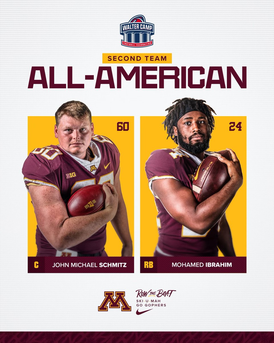 GopherFootball's tweet photo. It's official, they're now @WalterCampFF All-Americans.

Proud of you, @jmschmitz1999 &amp; @_MoIbrahim!

📰: https://t.co/z3XfEwIksA https://t.co/b4wvyCWR3W