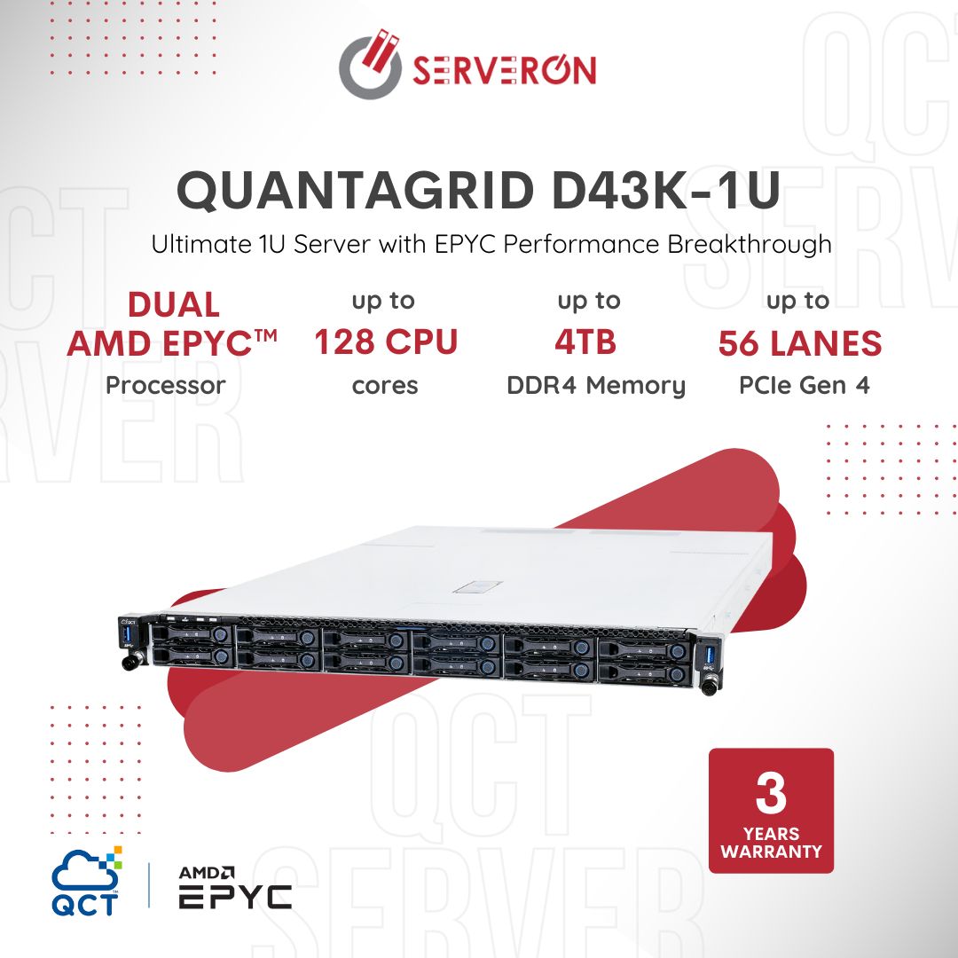 Serveron_SB's tweet image. 𝗗𝟰𝟯𝗞-𝟭𝗨 designed to unleash the power of AMD 7002 series processors. Featuring up to 4TB memory capacity, 5 expansion and single width GPU support in a 1U chassis. PCIe 4.0
For server products and solutions, contact us directly: sales@serveron.com.my

#D43K1U #QCT #ServerOn