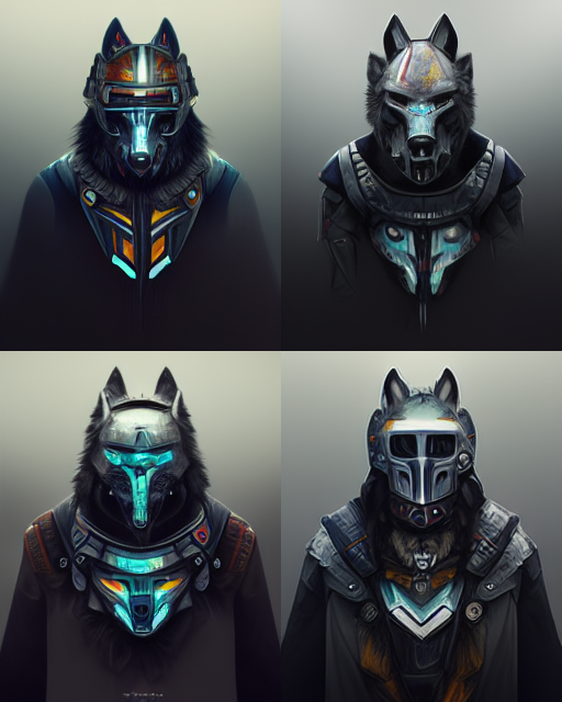 "Hey, Midjourney, give me a Raider with mecha style helmet, mask shaped like a wolf, scavenger clothes, galaxy texture on Mask." #AI