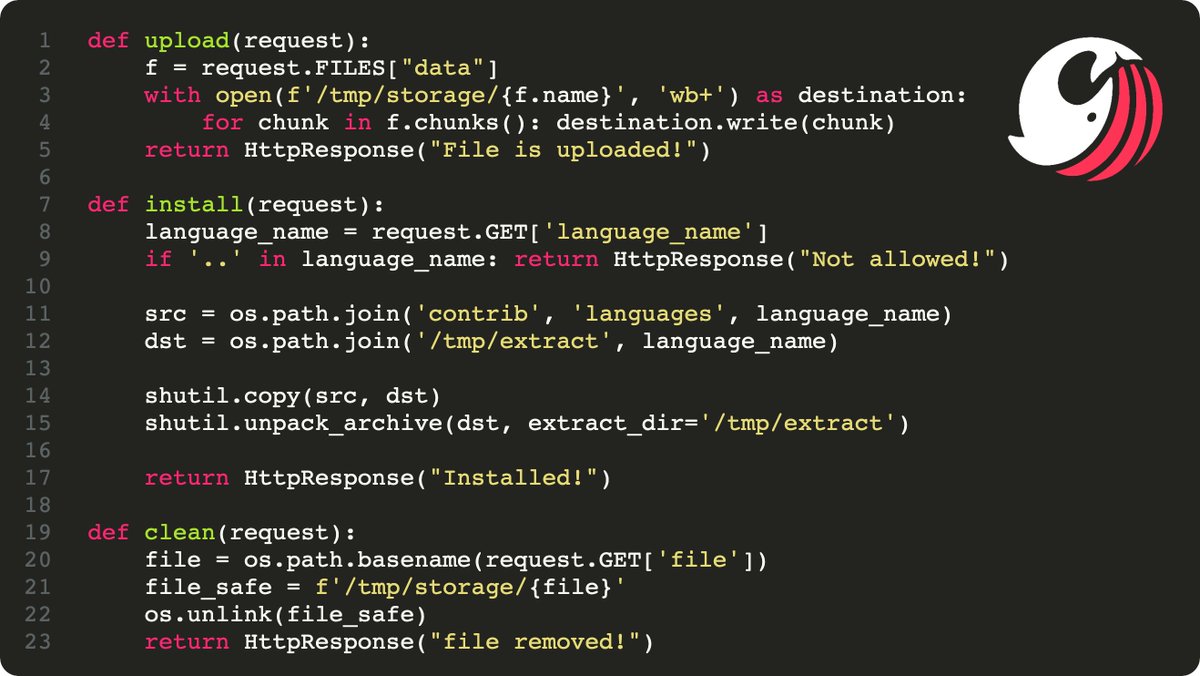 Sonar_Research's tweet image. Can you spot the vulnerability? #codeadvent2022 #Python
You can upload any file to /tmp/storage/. Also, remember: unpacking archives may be evil.
But a wild copy() appears; can you tame it?
sonarsource.com/knowledge/code…