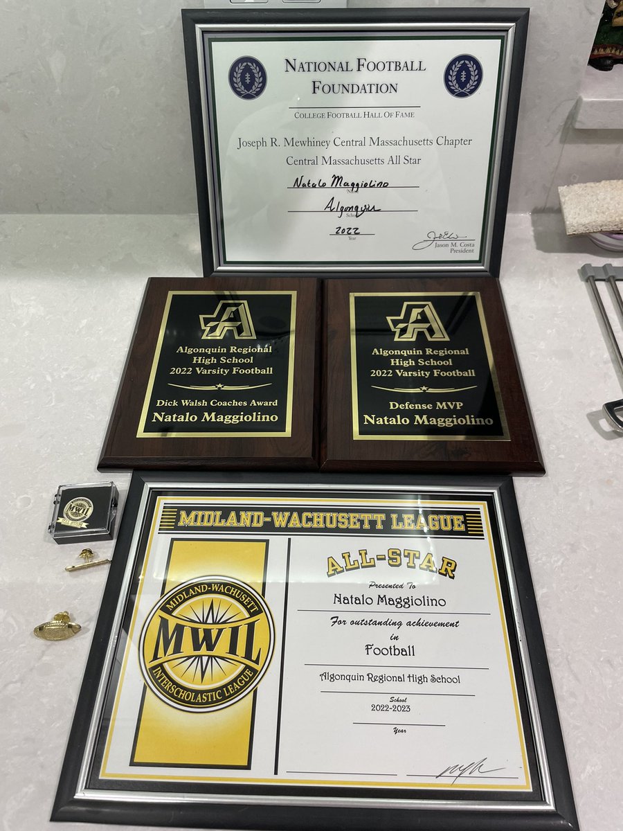 NateMaggiolino4's tweet photo. What a night at the @Gonk_Football banquet! Extremely proud to a Mid-Wach and also a Cmass All-Star ⭐️ Earning the Dick Walsh award and the Team Defensive MVP has been a dream of mine since I was a freshman. Today was the day that came true. @CoachA_Jr @TakeNotice20 https://t.co/nyeOxN7IGW