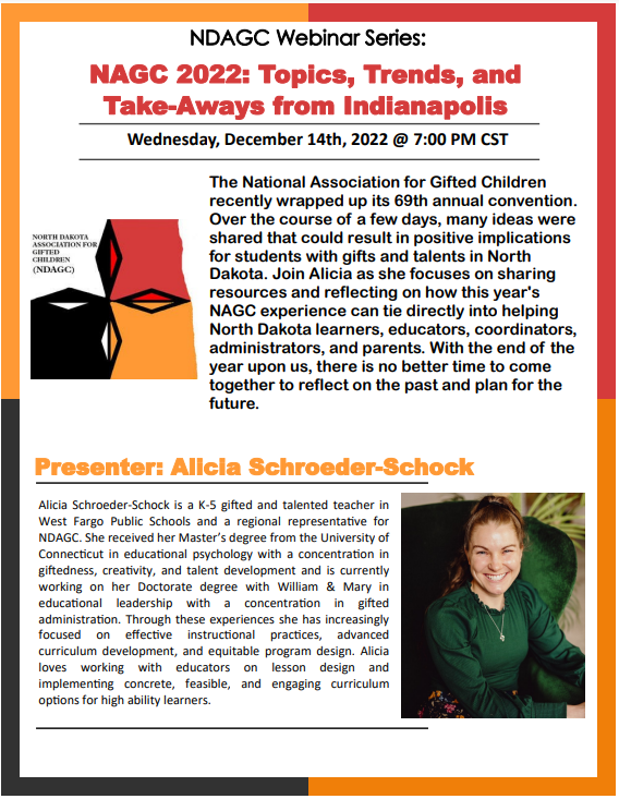 DakotaGifted's tweet photo. December's webinar features highlights from the NAGC Convention. https://t.co/r6EWrzzl4s