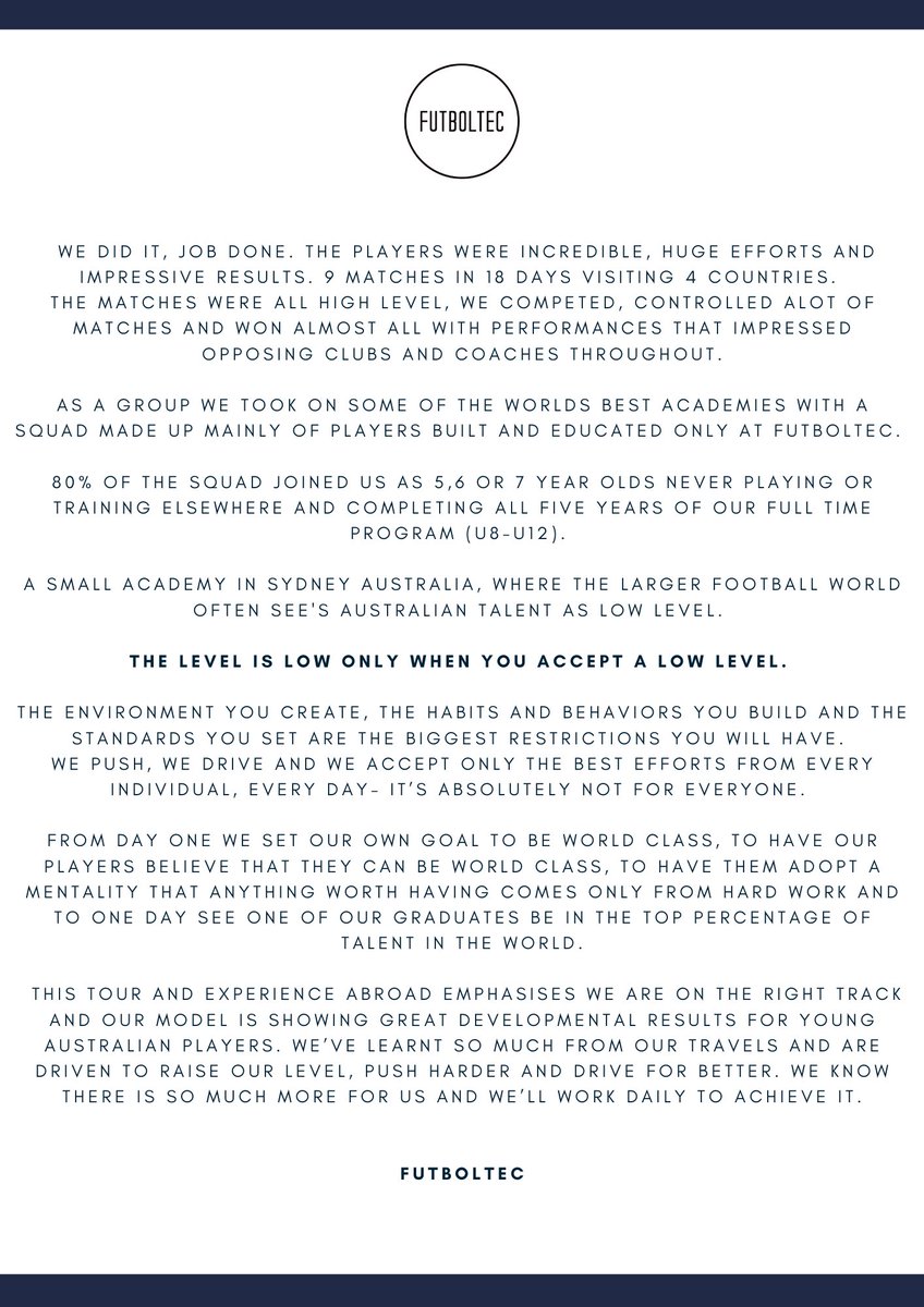 TOUR COMPLETE // We’ve arrived back to AUS safely and are pleased with our travels abroad.Thank you <a href="/benchmarksports/">Benchmark Sports & Entertainment</a> for the highest standard of tour. Honest,high level academies,top facilities, busy schedule that challenged us all. 
We are all so much better for this experience!