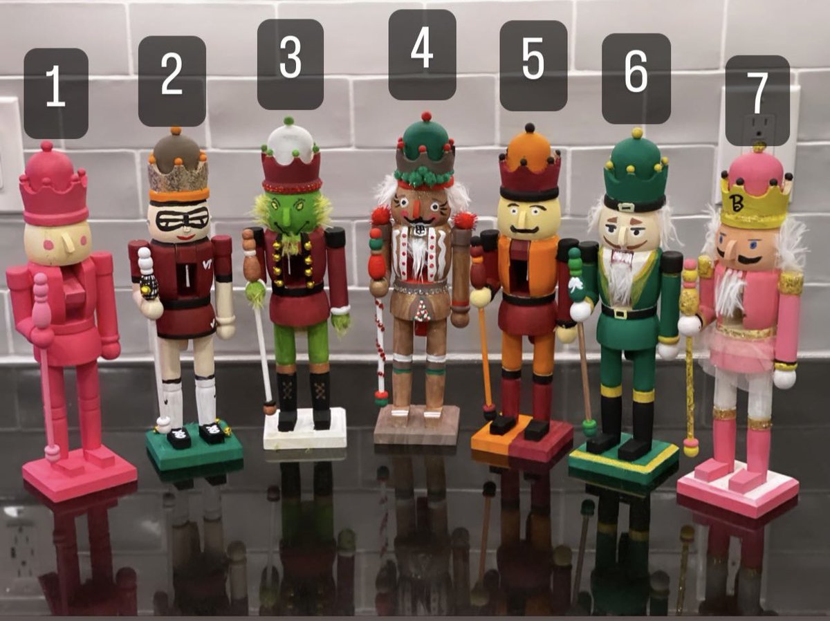 Twitter, need your help! First annual Nutcracker painting contest. Reply back with your favs!! (Themes- 1. Monochrome, 2. VT Lax; 3. the Grinch, 4. Gingerbread Man, 5. VT Fan, 6. Leprechaun, 7. Barbie)