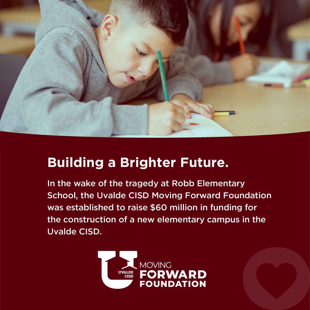 We're honored to contribute to the Uvalde Consolidated Independent School District Moving Forward Foundation following the tragedy at Robb Elementary School. This investment into the new school will go towards the construction of a gymnasium, outdoor learning area, and more.