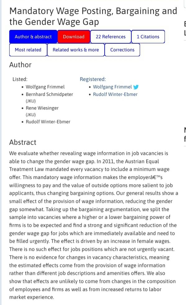 Jan Kabátek 🇺🇦 Bsky: @jankabatek.com (@jankabatek) on Twitter photo <a href="/WFrimmel/">Wolfgang Frimmel</a> convincingly shows that the introduction of mandatory wage posting on job ads in Austria lowered the gender wage gap. The analysis of mechanisms suggests this change improved women's bargaining position on the labour market. <a href="/WFrimmel/">Wolfgang Frimmel</a> convincingly shows that the introduction of mandatory wage posting on job ads in Austria lowered the gender wage gap. The analysis of mechanisms suggests this change improved women's bargaining position on the labour market.