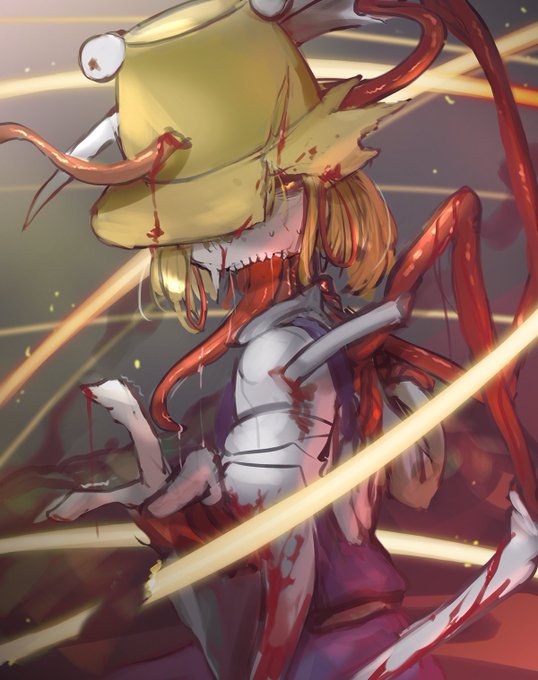 異形化すわこ/Monster Suwako
残りの意識で妖怪の山を封鎖しようとしている諏訪子
Suwako still have some consciousness trying to seal off mysterious mountain 