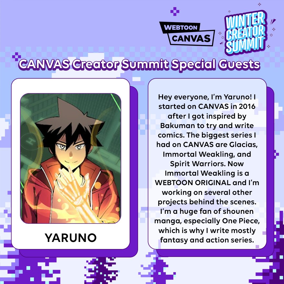 webtooncanvas's tweet photo. Meet our #CANVASCreatorSummit speakers!
▪️ @YarunoGl | Immortal Weakling
▪️ @TylerBeckett4 | WEBTOON Editor https://t.co/zHmxZqCInN