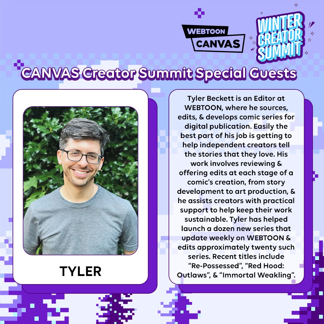webtooncanvas's tweet photo. Meet our #CANVASCreatorSummit speakers!
▪️ @YarunoGl | Immortal Weakling
▪️ @TylerBeckett4 | WEBTOON Editor https://t.co/zHmxZqCInN