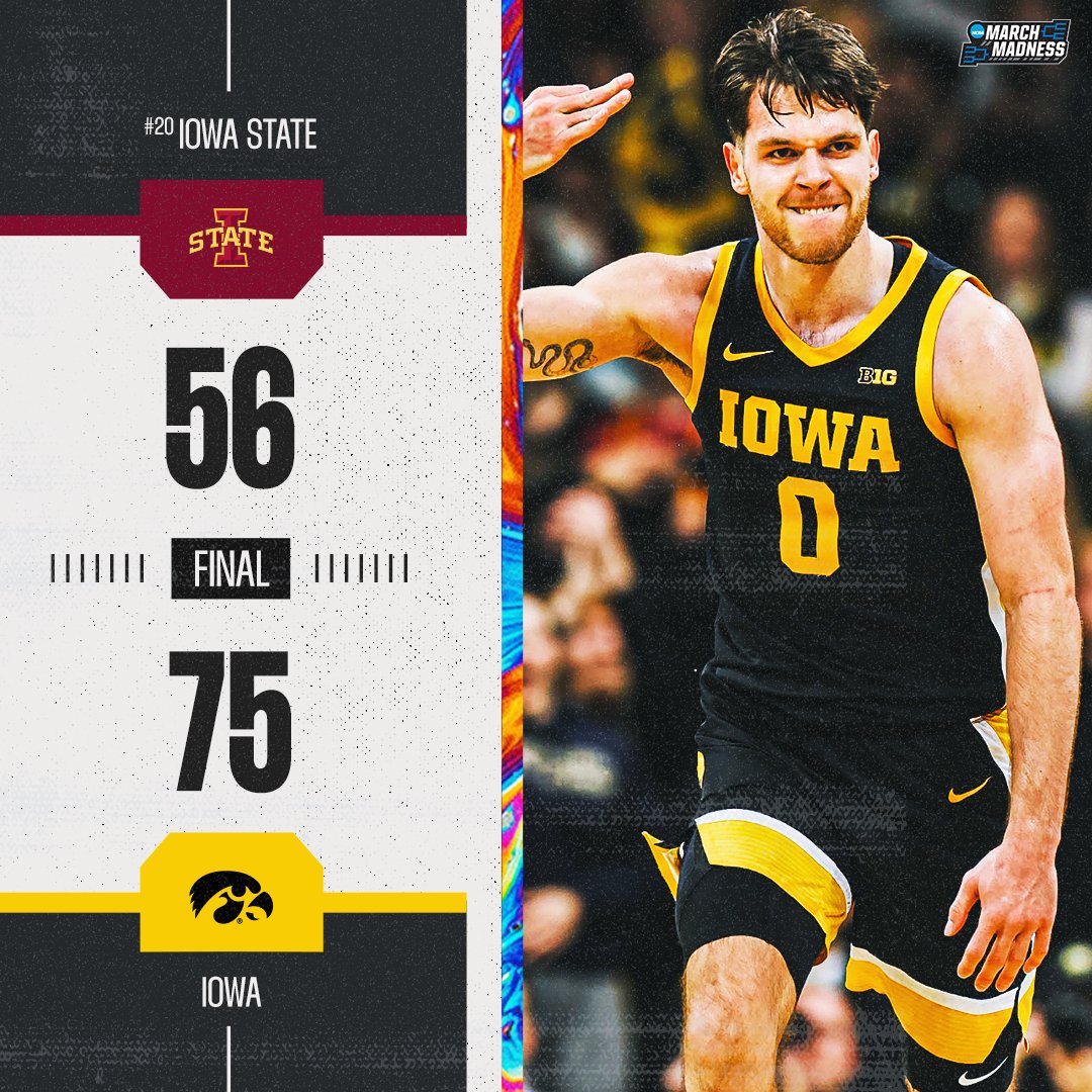 MarchMadnessMBB's tweet photo. IOWA DOMINATES NO. 20 IOWA STATE 💪

The Hawkeyes lead the game wire-to-wire to take down their in-state rivals 🔥 https://t.co/ITY3zRBox7