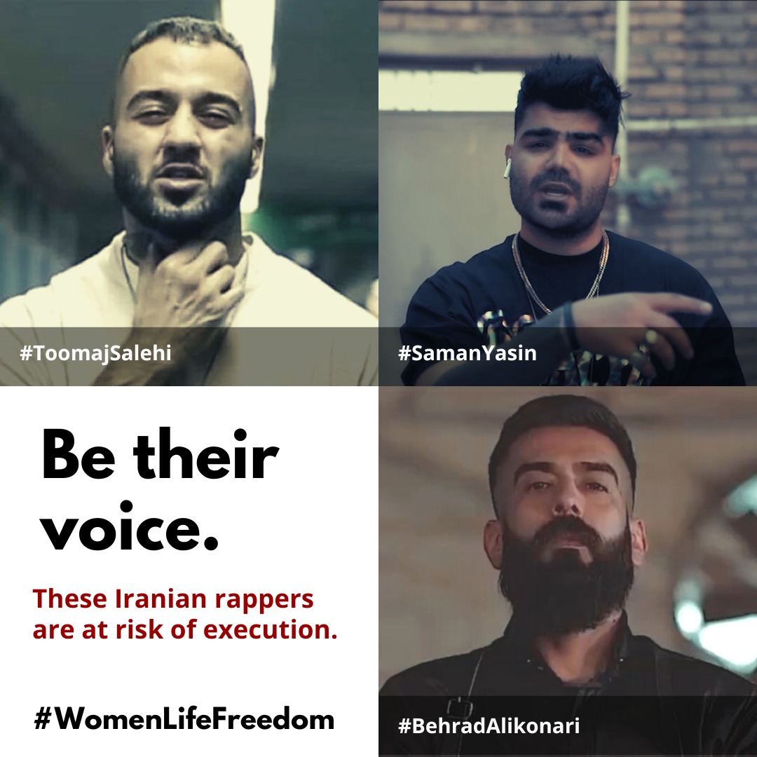 HichkasOfficial's tweet photo. 3 Iranian rappers, #ToomajSalehi, #SamanYasin, and #BehradAliKonari are in danger of execution by the Islamic Republic regime. They're among dozens of others who want freedom for Iran and IR is trying to murder them.

Be their voice.

@BigSean
@chrisbrown
@denzelcurry
@jackharlow https://t.co/luB8V7Mcrd