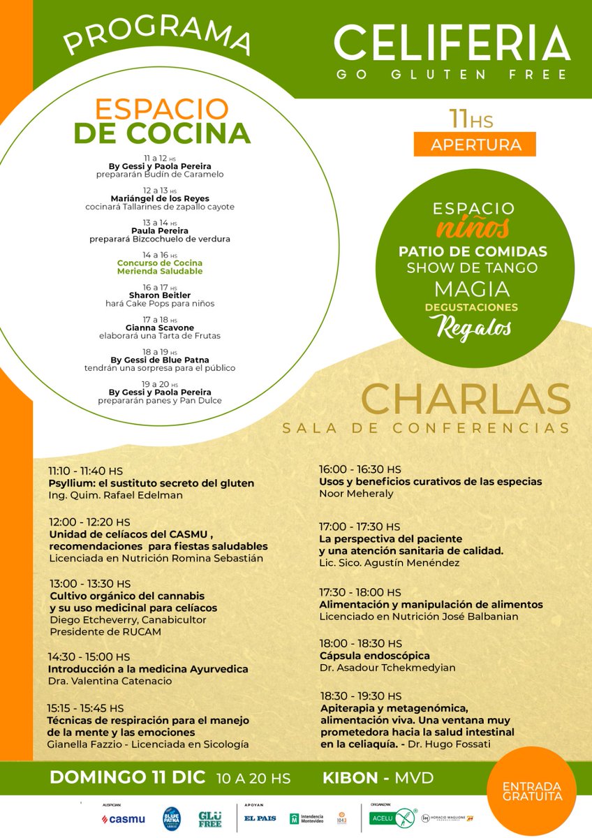 PROGRAMA DE ACTIVIDADES
CELIFERIA GO GLUTEN FREE 🎄🎄🎄

Domingo 11 de diciembre - de 10 a 20 horas
Kibon - Rambla República del Perú y Rambla Charles de Gaulle

Entrada gratuita✔✔✔

#celiferiaacelu2022
#acelu #libredegluten #celiacos #cooperación
#contención #salud #bienestar