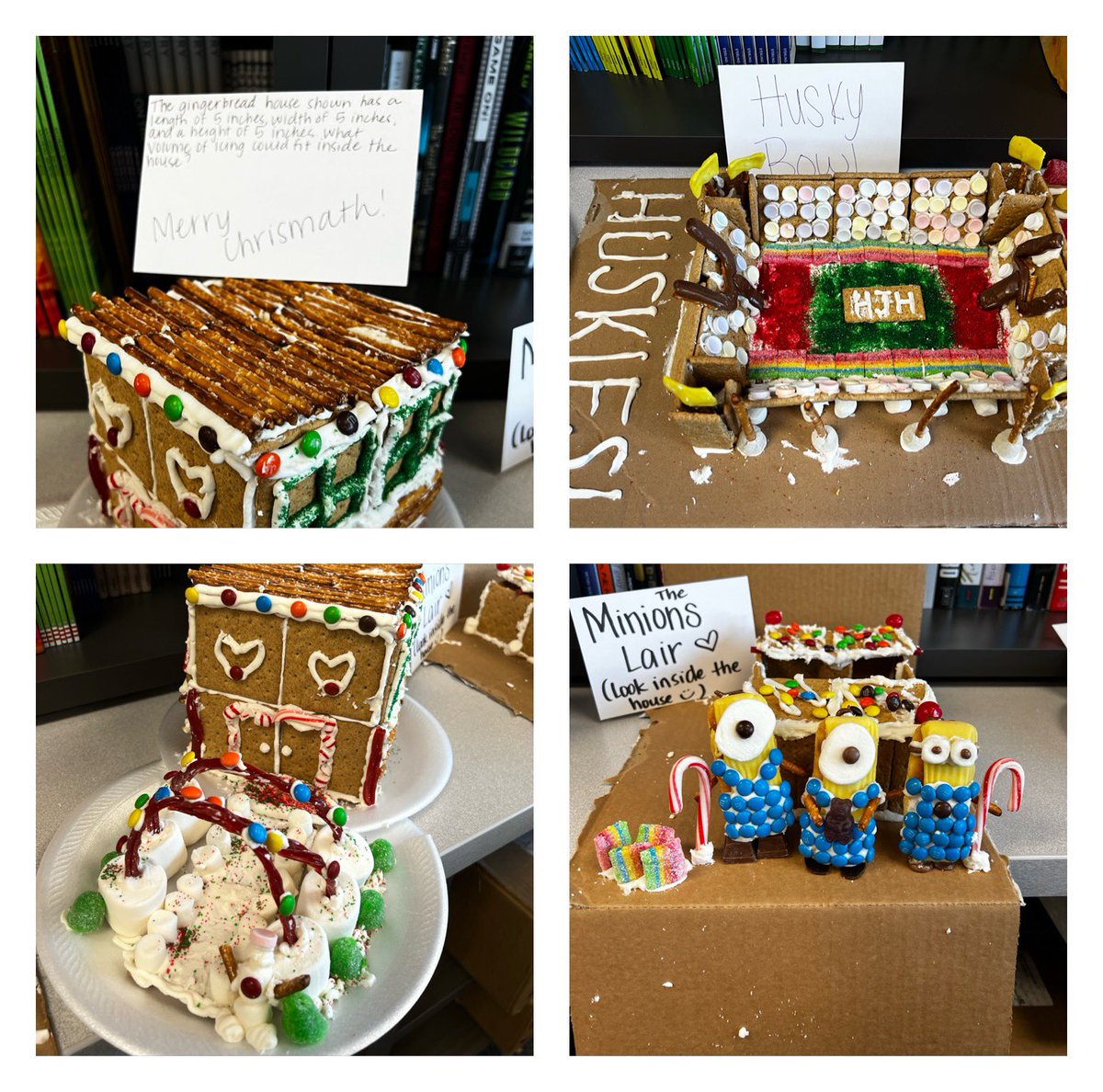 jenniferholda's tweet photo. HJH ICs delivered prizes for the gingerbread house contest.  Most Creative(Merry ChrisMath), Best Theme(Husky Stadium), and Best Overall(The Minions Lair). Congrats to all teams!  What a fun event! #WeAreHaskett @HaskettJH @PrincipalPaz @e_eckford @ScienceMoline https://t.co/IjYc9q0KAu