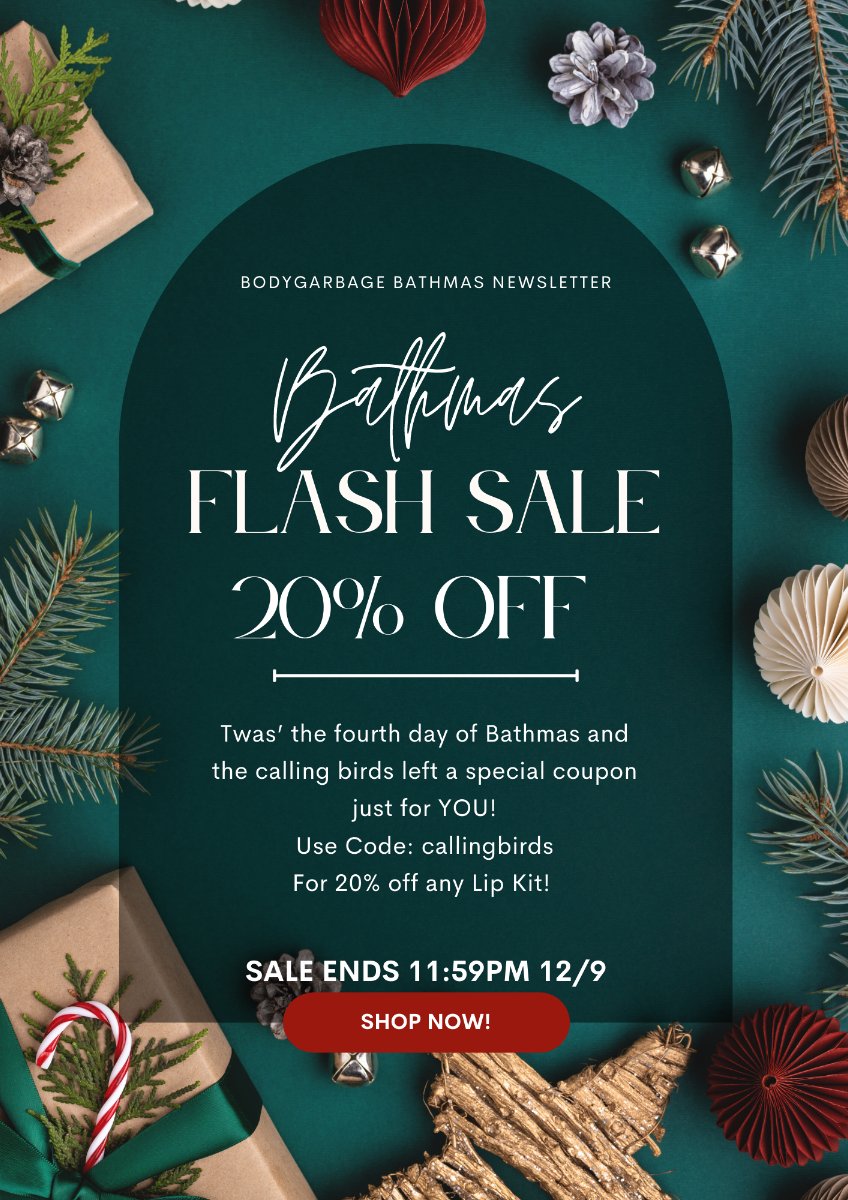 BodyGarbage's tweet photo. On the Fourth Day of Bathmas... - https://t.co/Y4EptMr0bv

On the Fourth Day of Bathmas, I offer to you...a chance to pucker with your boo. Take 20% off your purchase of any Lip Kit.

#bodygarbage #lipkit #lipgloss #softlips #kissablelips #lipspopping #bodygarbagegotyoucovered https://t.co/NMKuSJbrrG
