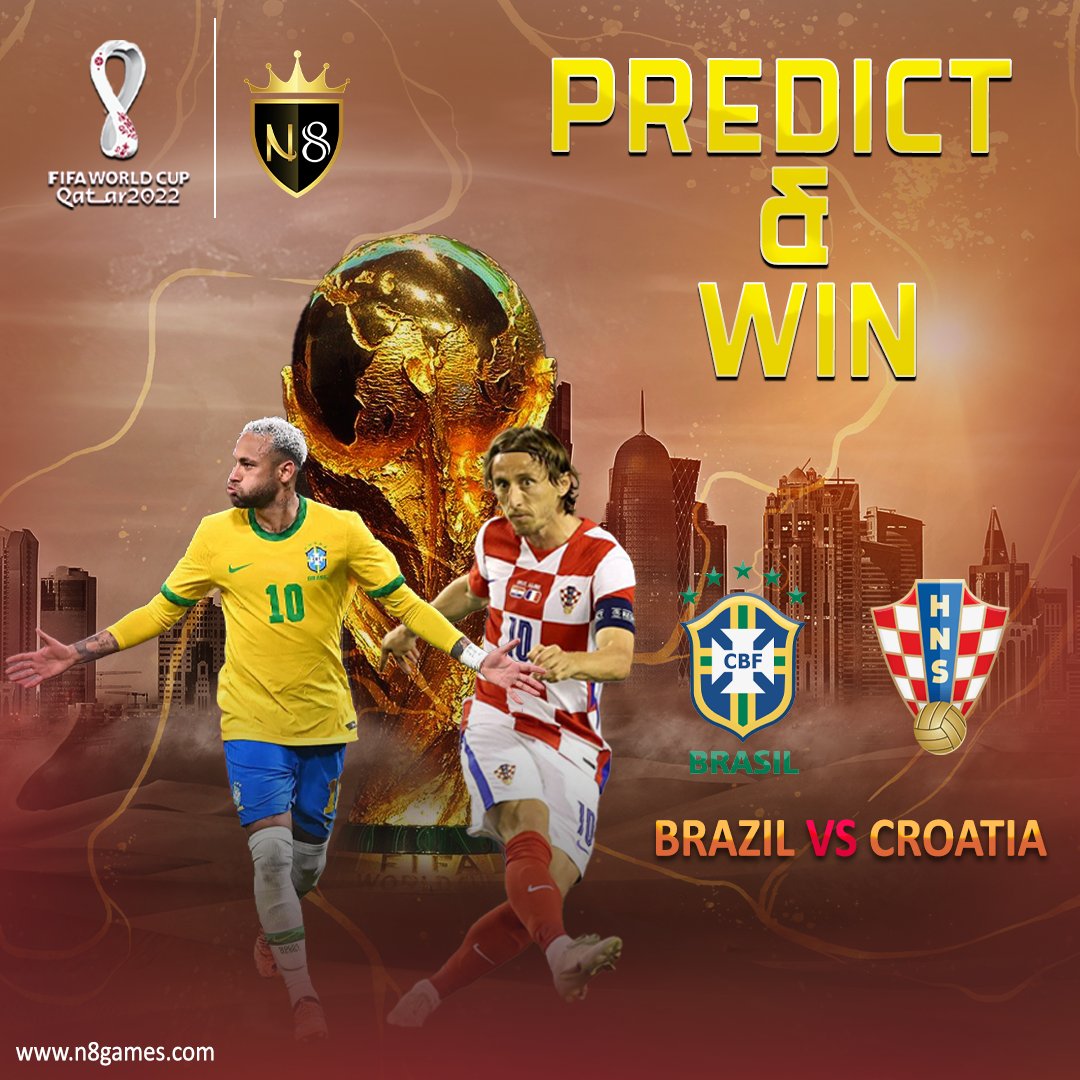 N8Sportsgames's tweet photo. 🇧🇷Brazil 🆚 Croatia🇭🇷
Who do you think will win ❓👀🤔 
Comment below👇👇👇

📺Watch FIFA World Cup 2022 Live on N8 👀
✅ https://t.co/TqCeQ0Vpd4
#FIFAWorldCup2022 #qatar2022 #FIFAWorldCup #Croatia #Quarterfinals #ronaldo #neyamar #brazil #Brazilvscroatia #cr7 #QatarWorldCup2022 https://t.co/2mOTkGOwXE