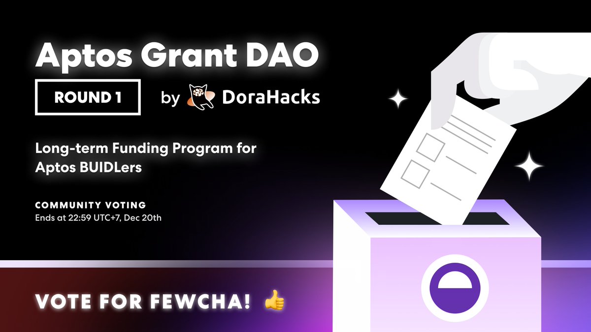 🎉Great news!! <a href="/FewchaWallet/">Fewcha Move Wallet</a> is one of 18 grantees of Aptos Grand DAO - a long-term funding program for early #Aptos #BUIDLers by <a href="/DoraHacks/">DoraHacks</a>
dorahacks.io/aptos/2/

Vote for <a href="/FewchaWallet/">Fewcha Move Wallet</a> to support us!!!
📘Step-by-step guide: medium.com/@fewchawallet/…