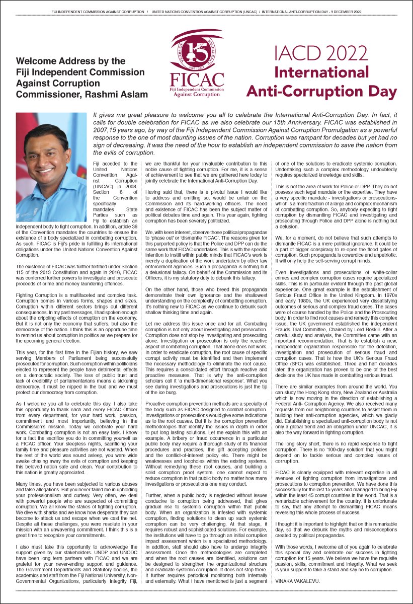 With this year's IACD theme 𝐏𝐡𝐚𝐬𝐞 𝐨𝐮𝐭 𝐜𝐨𝐫𝐫𝐮𝐩𝐭𝐢𝐨𝐧: 𝐞𝐯𝐞𝐫𝐲 𝐞𝐟𝐟𝐨𝐫𝐭 𝐦𝐚𝐭𝐭𝐞𝐫𝐬, Commissioner <a href="/RashmiAslam/">Rashmi Aslam</a> spoke on the achievements of <a href="/FICAC_Official/">Fiji Independent Commission Against Corruption</a> as well as the challenges faced this year. To read more, click on the image below 👇:

#FICAC #IACD