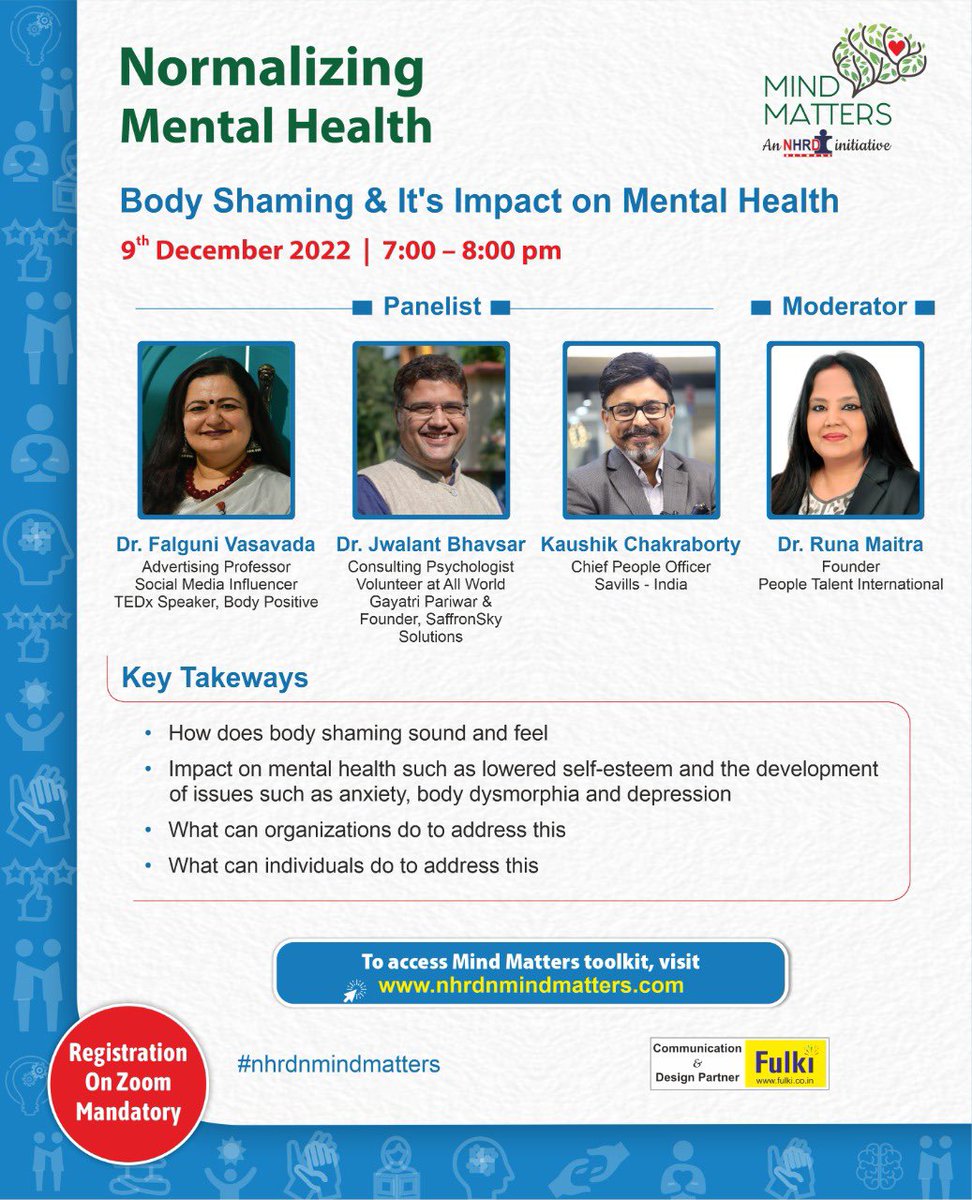 falgunivasavada's tweet photo. Body shaming and how it affects mental health at all ages and in all environments. 
Join us on today- from *7 to 8pm*. While the programme is complimentary, prior registration is mandatory on the below link:
 https://t.co/x3InlHNt0n https://t.co/vGVyNvo9Hk