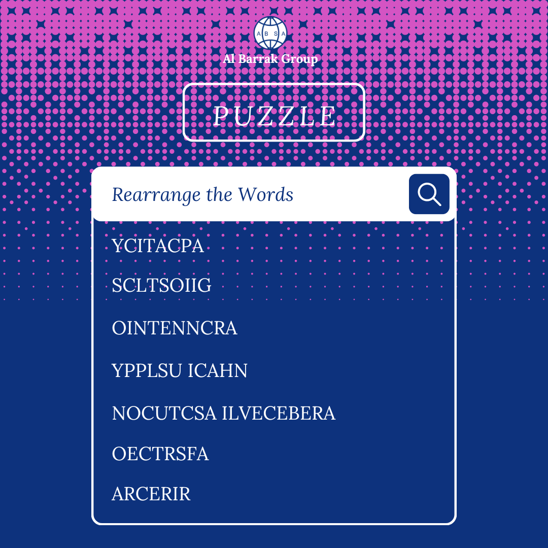 ABSAGroup1's tweet photo. Let the weekend fun begin!
#puzzles #rearrangetheword #albarrakgroup #wordscrabble #SupplyChain #logistics #dubaibusiness #saudibusiness #KSA #UAE #maritime #shipping #Transportation https://t.co/8GQDBdRbNG