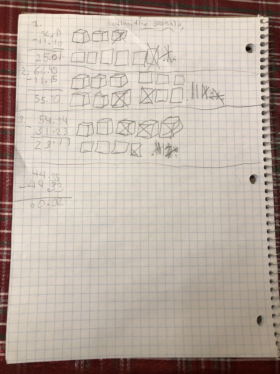 DechantsClass's tweet image. In Math, the Grade 4 students worked on subtracting decimals.  They first represented the process with Base 10 blocks.  Then, students double checked their answers with standard algorithm.  Can you tell which block represents the ones digit?