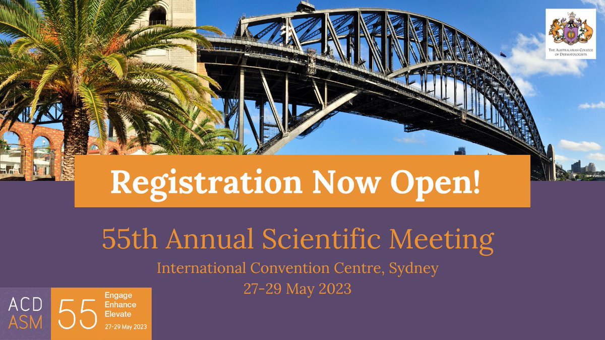 DermatologyACD's tweet photo. Registration is now open for ACD's 55th Annual Scientific Meeting from Saturday 27 May to Monday 29 May 2023 at the @ICCSyd. The conference is shaping up to be an exciting, engaging and innovative meeting. To register, go to https://t.co/90diVdWi0q.
#ACDASM2023 #ICCSyd https://t.co/LbkJB7s6HP