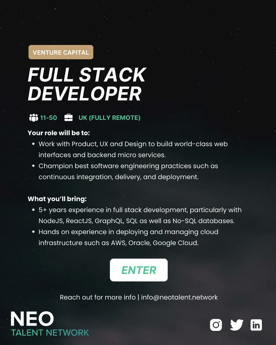 neoweb3co's tweet photo. Looking for a #fullstackdeveloper for a #venturecapital company in Germany!

Reach out for more information 📬

Email | info@neotalent.network
Find us on Instagram, Twitter &amp; LinkedIn  

#dev #devjobs #web3job #hiring https://t.co/qIhQYX6rVr