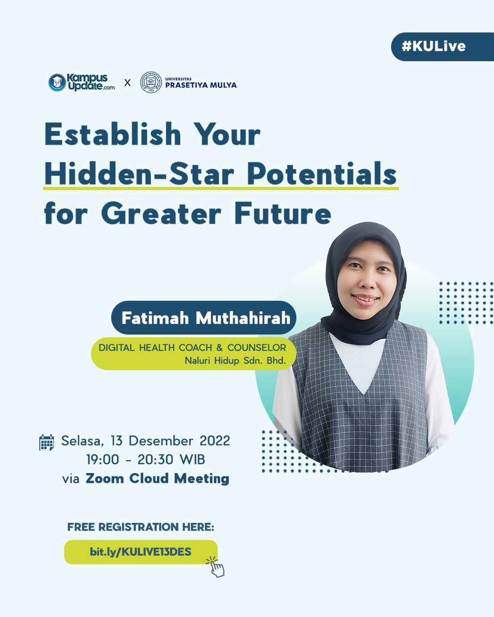 KampusUpdate's tweet photo. Sudahkah kamu mempersiapkan Career Plan?🤔

Yuk ikuti webinar #KULive Kampus Update bersama Prasetiya Mulya  “Establish Your Hidden-Star Potentials for Greater Future”

Selasa, 13 Desember 2022
Waktu: 19.00-20.30 WIB

GRATIS daftar di sini: https://t.co/TcGbXj2nI4 https://t.co/Jm4xNE1ZYM