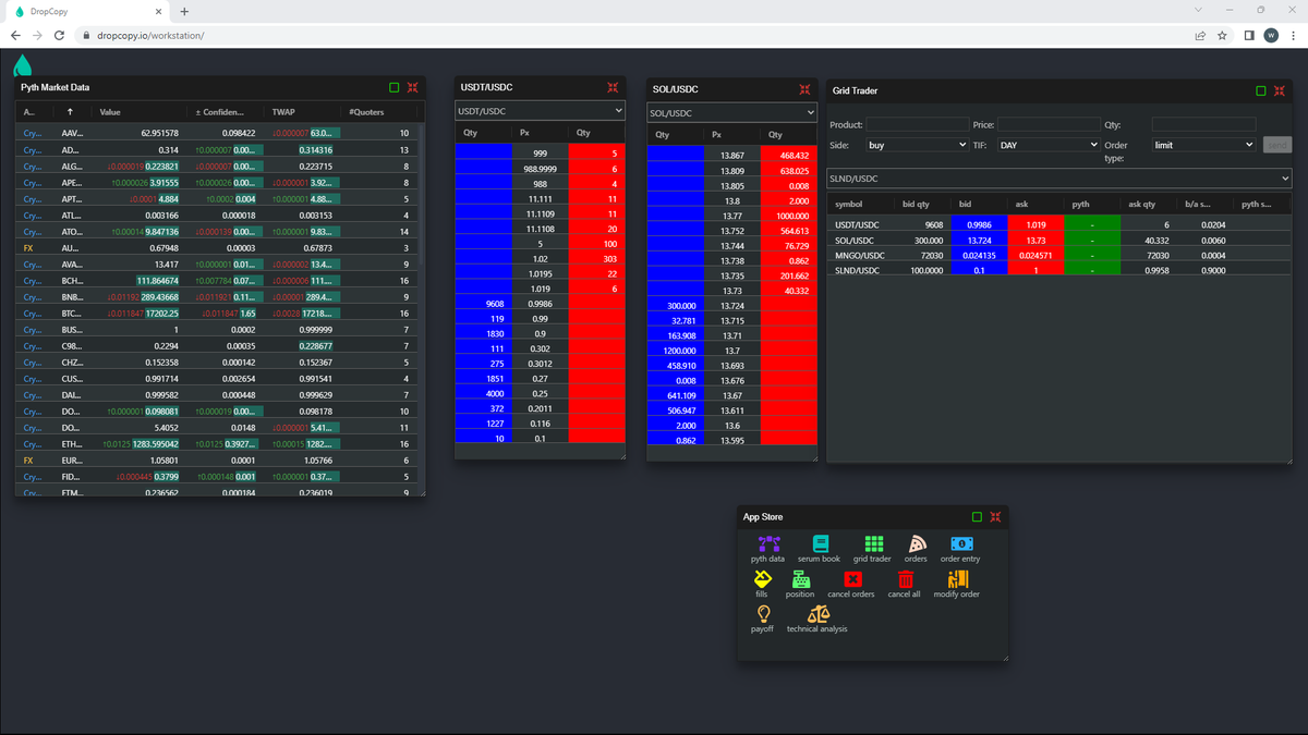 dropcopy_io's tweet photo. Here's the workstation GUI for those who want to trade like a pro!. Or at least look like you are a pro 😃
It's fully integrated with @PythNetwork to show where others are quoting.
All running on @openbookdex The community fork of #projectserum https://t.co/tPaaqkWvZh