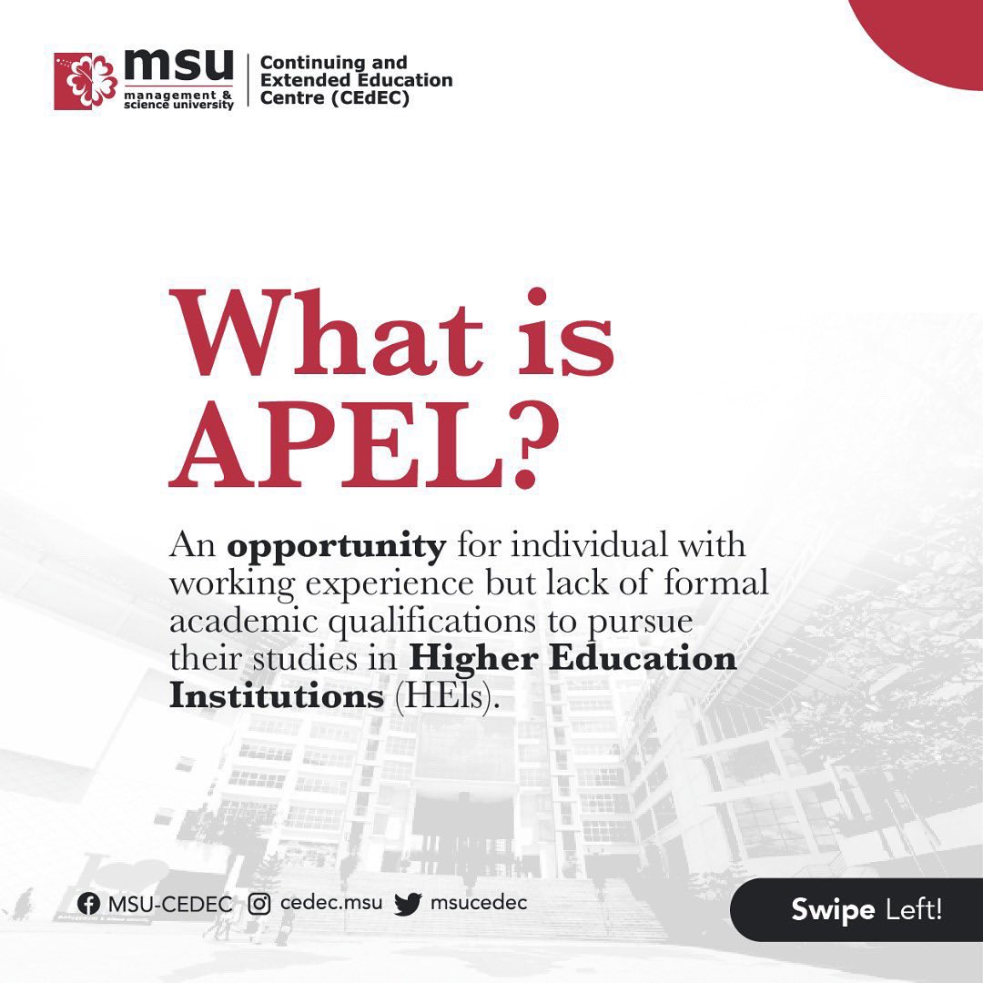 MSUCSabah's tweet photo. Check out the minimum requirement to gain entry into an accredited program at MSU - Management & Science University through APEL depending on the level of study intended.
Contact us for more information >>> https://t.co/1V86BUQuWF
#MSUmalaysia
#msucedec
#msu https://t.co/fIaCuulHfx