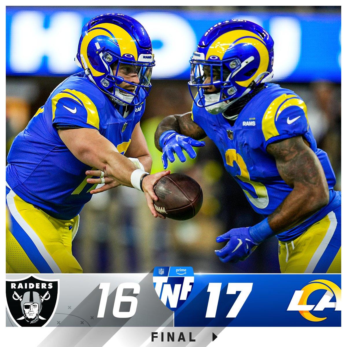 NFL's tweet photo. FINAL: @bakermayfield and the @RamsNFL pull off a comeback on #TNF! #RamsHouse #LVvsLAR https://t.co/oYIXX8CoSL