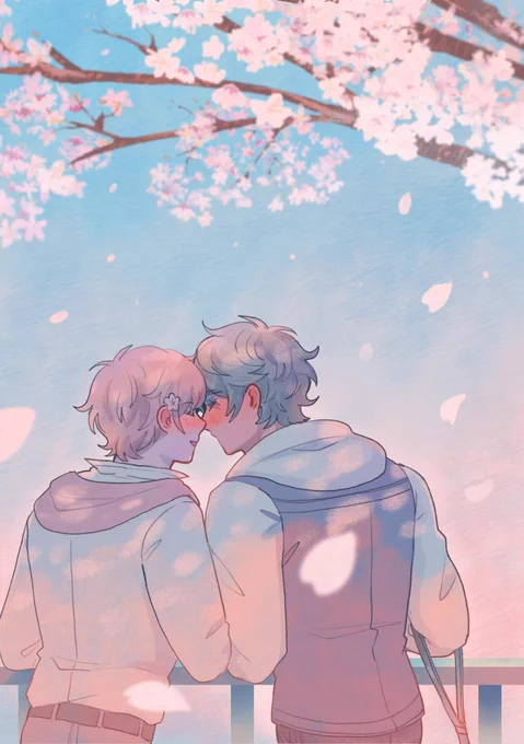 "Oh, you got some on your hair" but instead of brushing the fallen flower, he puts it on the other's ears instead, then he chuckles lightly.Smiling, Yuuya laughs a little at the other's antics. "Does it suit me?"  