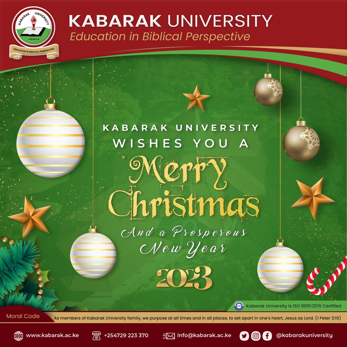 KabarakUniv's tweet photo. May God fill your Yuletide season and bless you richly throughout the year with immeasurable prosperity and joy. Merry Christmas!

@KUSO_Council @KabarakRIO @lawkabarak @KABUPressKE  

#KABU 
#MerryChristmas2022 
#HappyHolidays https://t.co/jJs2lTkCZK