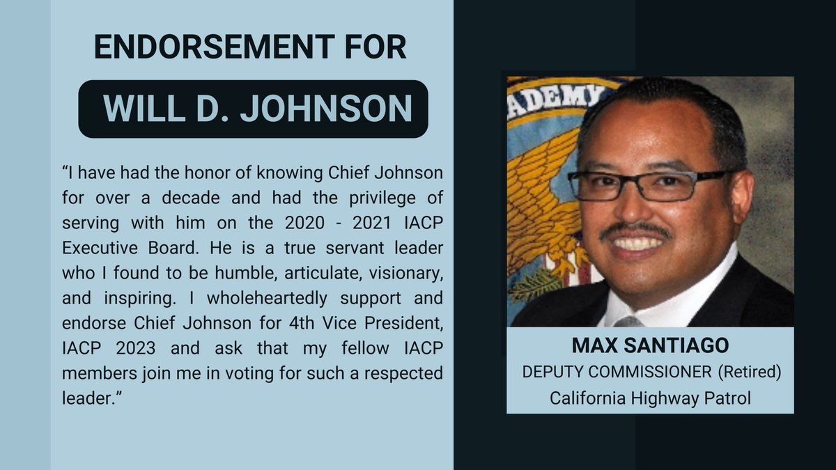 Thank you Max Santiago with CHP (retired) for the kind words and formal endorsement! I look forward to future opportunities to continue our great work together!
