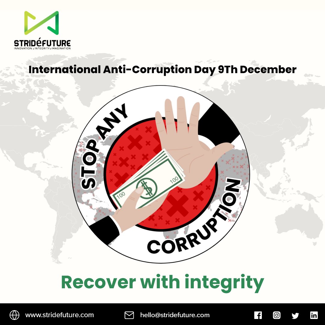 StridefutureT's tweet photo. On this international anti-corruption day, we raise awareness to initiate counter-corruption initiatives in the workplace.
#anticorruption #anticorruptionday #anticorruptionday2022 #workplacecompliance #endcorruption #stridefuture #strideservices https://t.co/8wxBP5QGMs