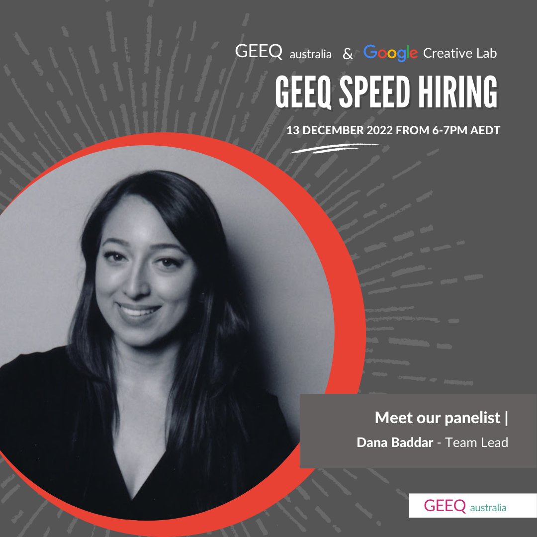 Meet Dana Baddar 👋 - she leads production at the Creative Lab in Sydney. Dana will join us a speaker at our next GEEQ Speed Hiring event. If you haven't already, secure your spot now 👉👉👉 bit.ly/3ATlYgh 

All of the GEEQ events are open to anyone to attend.