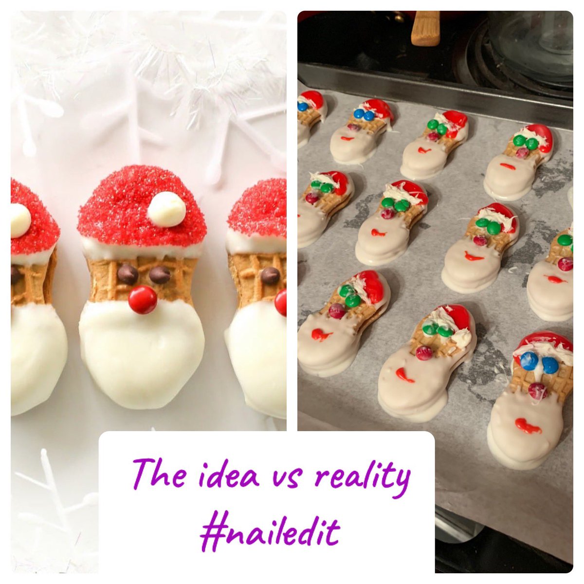 helnmo's tweet photo. So when there’s a holiday party at work and I get the genius idea to try and be crafty with Nutter butter Santas … #nailedit #notcrafty but also made some “snowball” cookies 🤷♀️ https://t.co/fmGgknpKYl