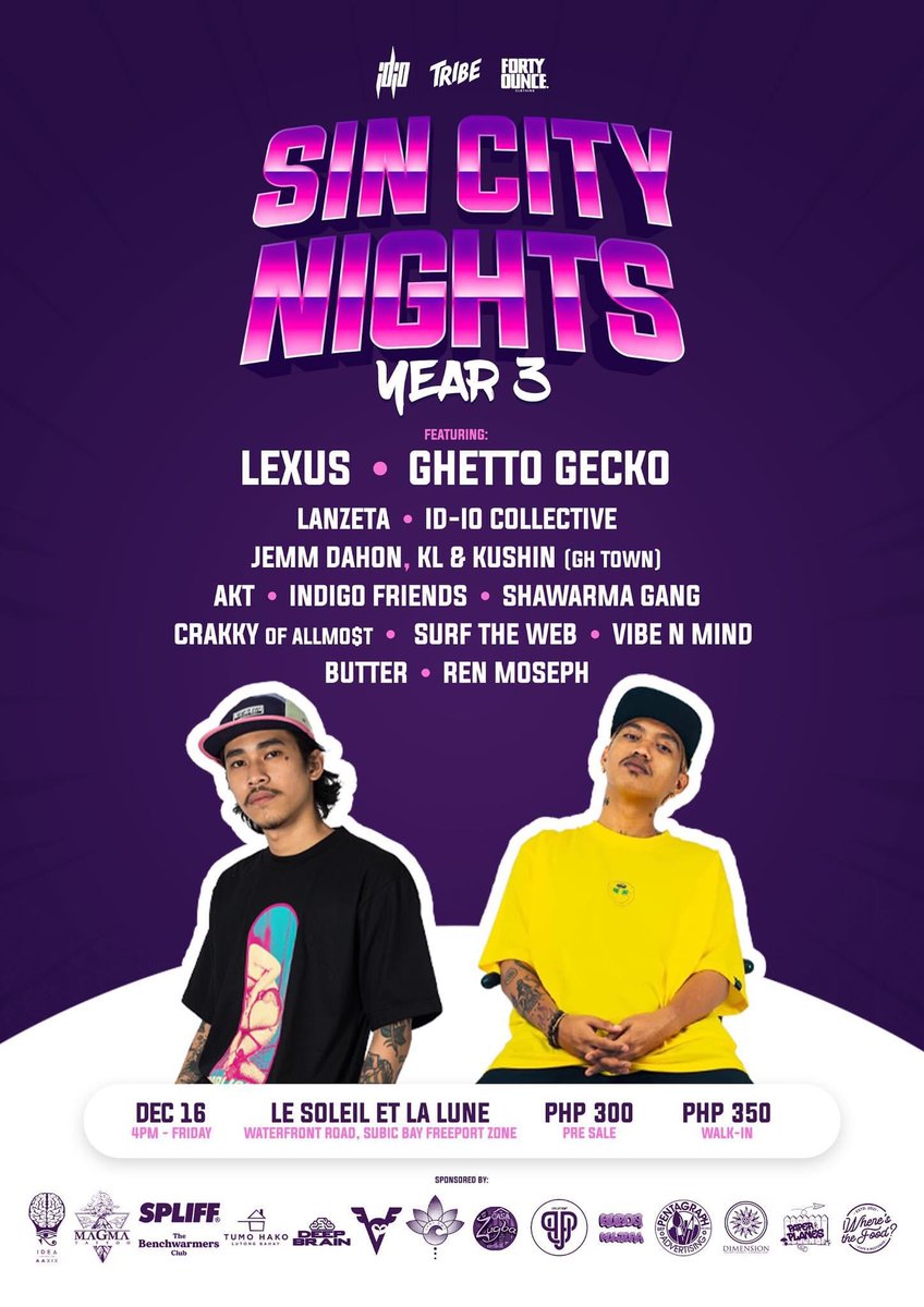 theSupremoPablo's tweet photo. SPEEZY IN THE HOUSE!

SIN CITY NIGHTS 3
DECEMBER 16
Le Soleil Et La Lune - Waterfront Road, Subic Bay Freeport Zone 

Ang pinaka-inaabangang pagtitipon ng kultura sa Gapo kada Disyembre ng taon. 

Presented by:
@idiocollective 
TRIBE
FORTYOUNCE CLOTHING

See you there! https://t.co/yZvLWMUCwN