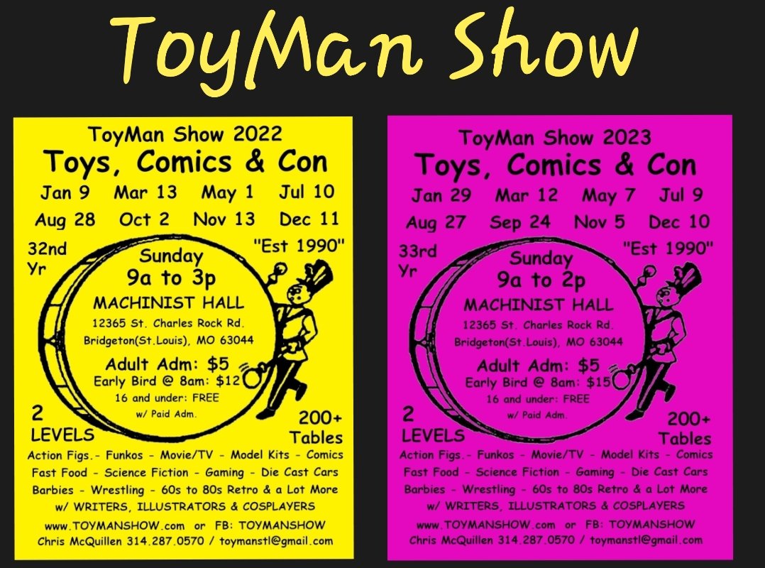toymanstl's tweet photo. ToyMan Show - Dec 11 with MARINES Toys for Tots Toy Drive &amp; MARK DODSON - Star Wars/Gremlins. 9a to 3p only $5 with 100+ vendors on 200+ tables. https://t.co/84cs99afig