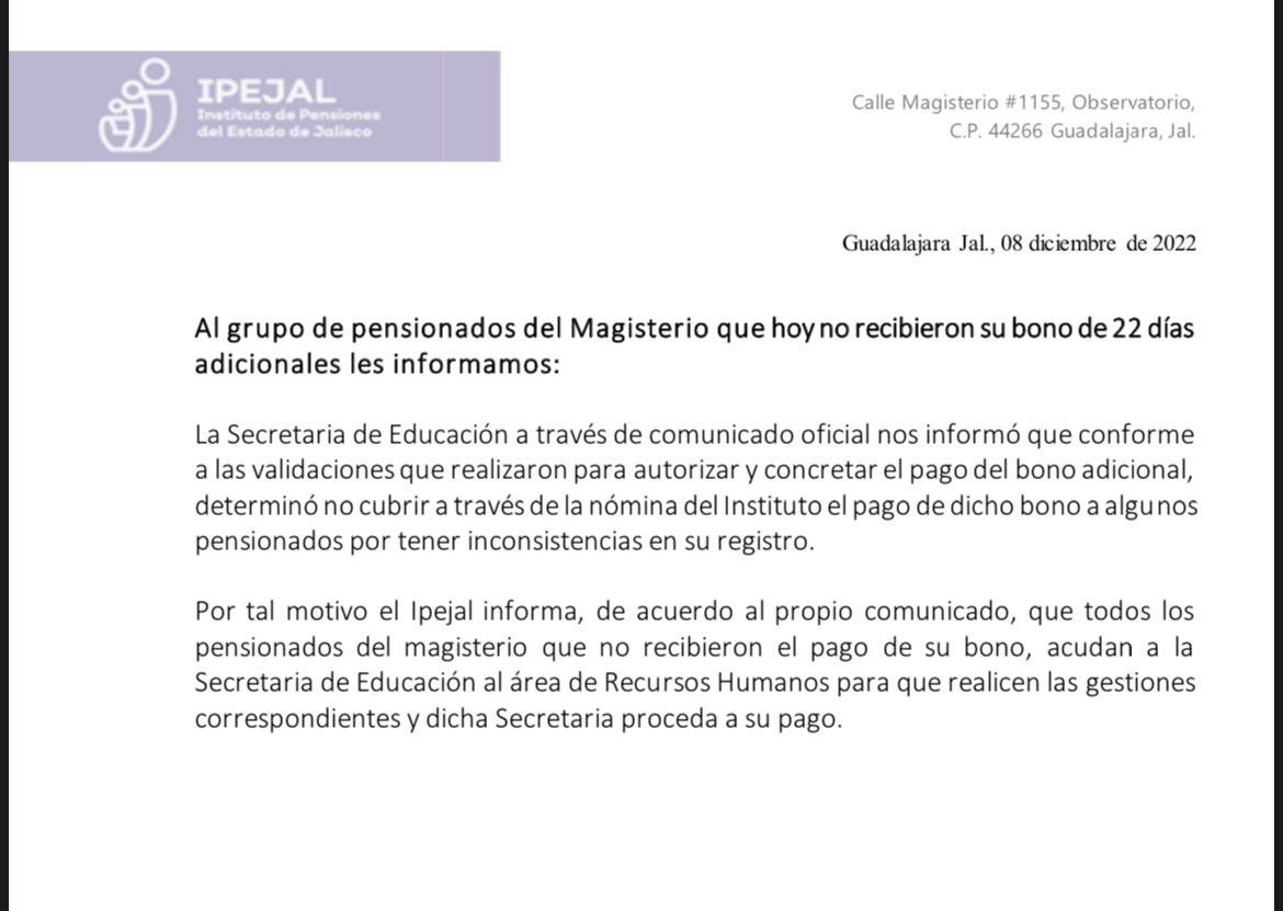 ipejalgob's tweet photo. #AvisoImportante 

A los jubilados del magisterio que no recibieron hoy su bono de 22 días adicionales se les informa…. https://t.co/3psphKLrA0