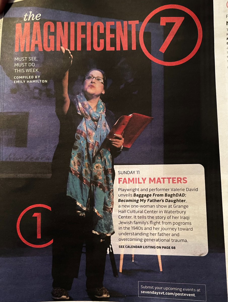 THANK YOU TO <a href="/sevendaysvt/">Seven Days</a> for being on their Mag 7 front cover with my new award-winning solo show: Baggage From BaghDAD, which is a tribute to my beloved father and family: Sun, 12/11@3pm
Grange Hall Cultural Center, 317 Howard Ave, Waterbury Center, VT:
sevendaystickets.com/events/baggage…