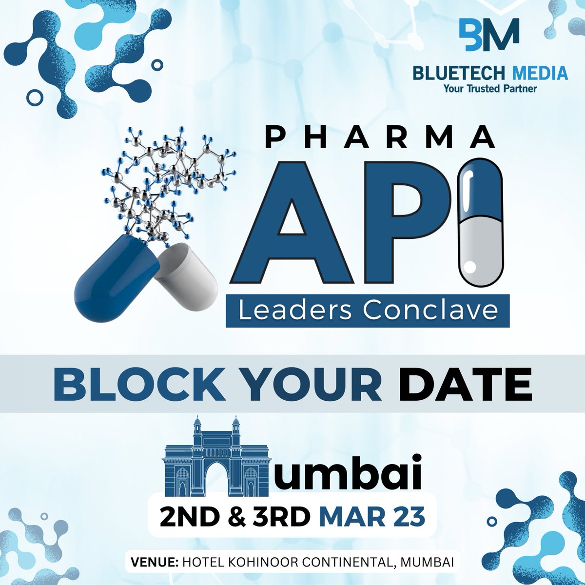 bluetech_media's tweet photo. Thrilled to announce the first edition of β"βPharma API Leaders Conclaveβ"β to be held in Mumbai on 2nd & 3rd March, 2023. βThe βPrinciple theme which will be followed will be βCost Effective API Scale β Up from Lab to Plantβ
Click: https://t.co/9Pa7HE5Z0n
#PharmaAPI https://t.co/pTIeMGsO8R