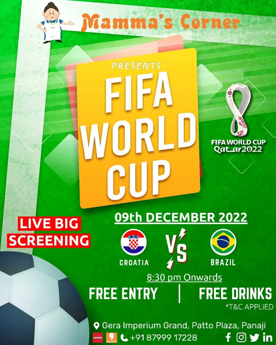 MammasCorner's tweet photo. Nail biting. Jittery. Thrilling.
Let's experience all these emotions together at the grand telecast of  #FIFAWorldCup #Qatar2022 only at #mammascorner 📍
.
.
#livescreening #livesportsscreening #CR7   #fifaworldcup #fifaworldcupqatar2022 #fifaworldcupqatar #FIFAWorldCup2022 https://t.co/Bf8NFQieMB