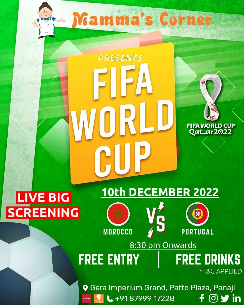 MammasCorner's tweet photo. Nail biting. Jittery. Thrilling.
Let's experience all these emotions together at the grand telecast of  #FIFAWorldCup #Qatar2022 only at #mammascorner 📍
.
.
#livescreening #livesportsscreening #CR7   #fifaworldcup #fifaworldcupqatar2022 #fifaworldcupqatar #FIFAWorldCup2022 https://t.co/Bf8NFQieMB
