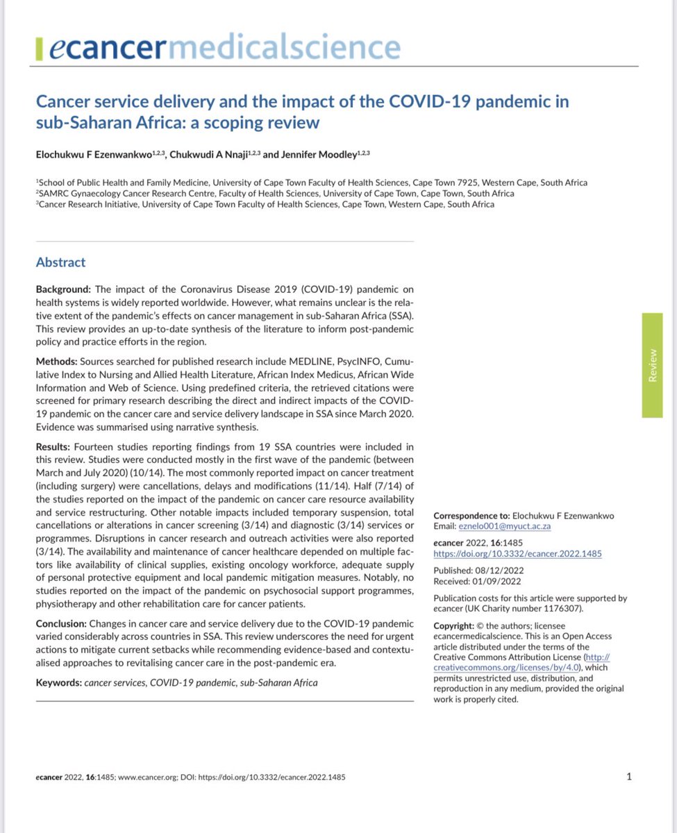 Thrilled to share our extensive #review on the disruptive impacts of the COVID-19 pandemic on cancer care delivery in #SSA..

Read the full article here: doi.org/10.3332/ecance…
<a href="/AfricaRch/">First World Africa ✊🏾</a>