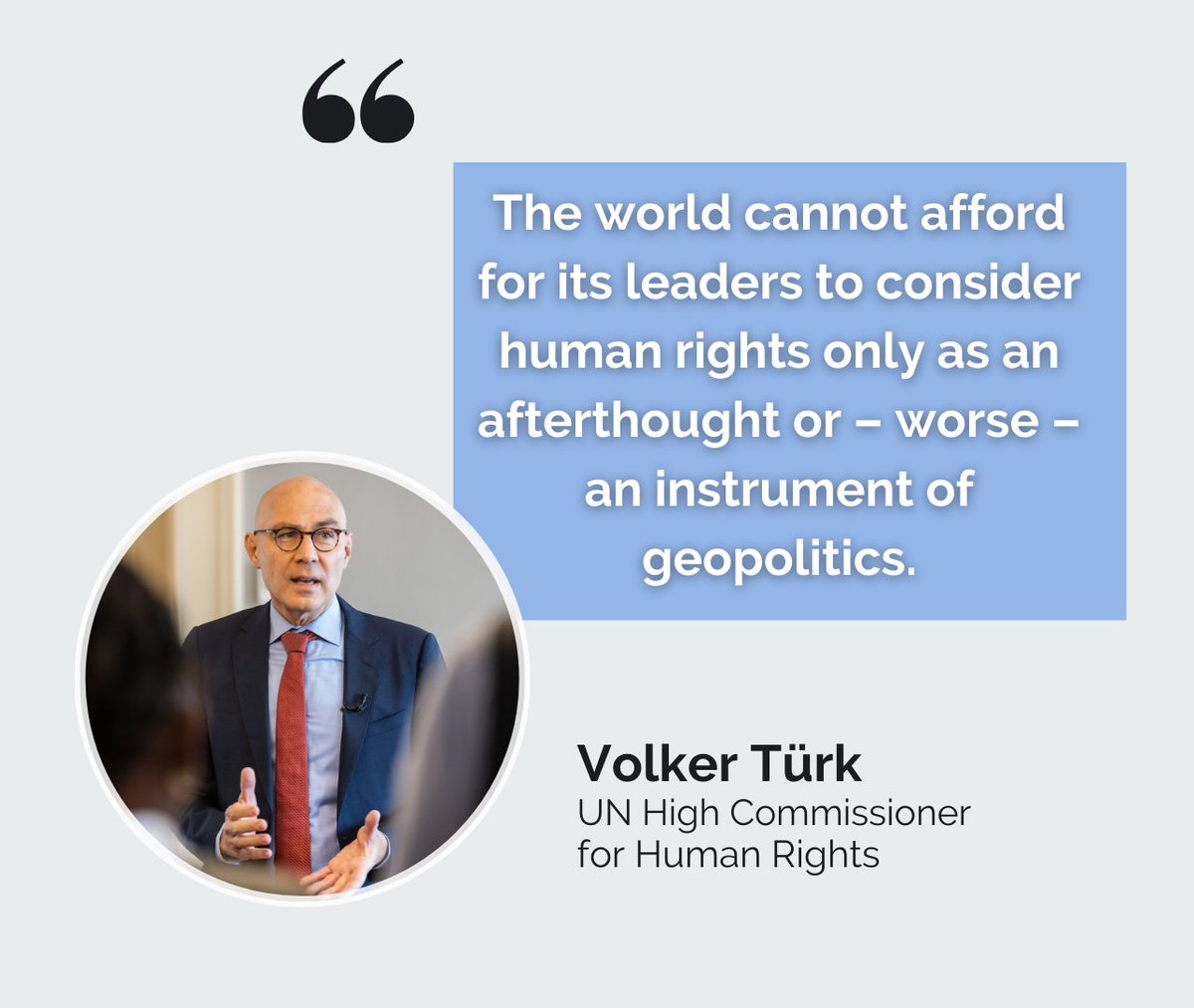 "The world cannot afford for its leaders to consider human rights only as an afterthought or – worse – an instrument of geopolitics."
- <a href="/volker_turk/">Volker Türk</a>, <a href="/UNHumanRights/">UN Human Rights</a> Chief #HumanRightsDay